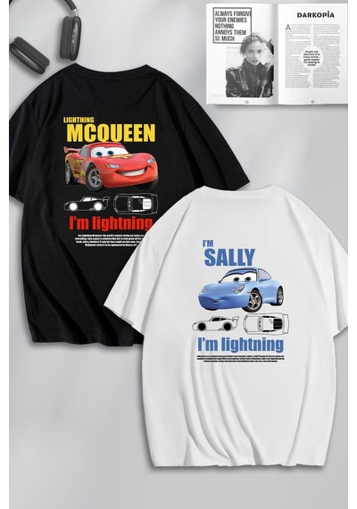 Unisex Kadın Erkek Şimşek Mcqueen & Sally Sırt Baskılı Sevgili Çift Kombini Tasarım Oversize Tshirt Siyah Beyaz Mck0488 Siyah Beyaz