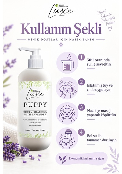 Groom Professional Luxe Lavanta Kokulu Yavru Köpek Şampuanı 350 Ml 1:30 Konsantre