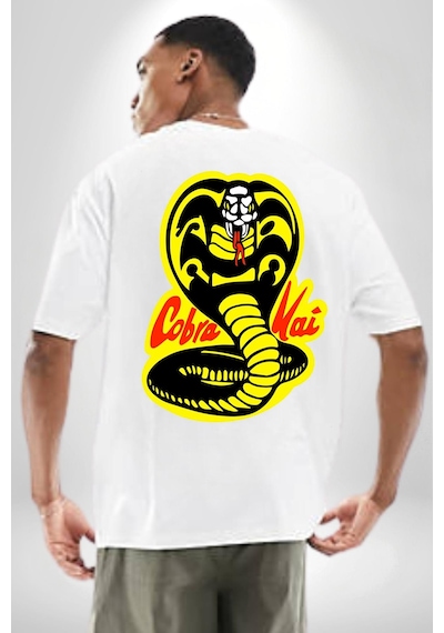 Cobra Kai Karete Çocuk Yılan Logo Dizi Beyaz Oversize Unisex Ön Ve Sırt Baskılı Tişört Beyaz