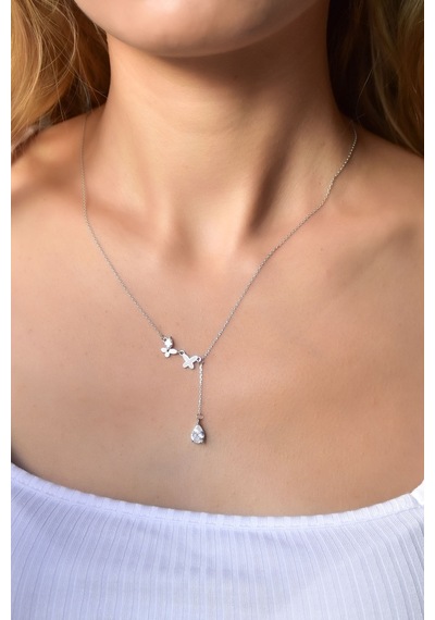925 Ayar Gümüş Rodyum Kaplama Damla Taşlı Kelebek Kolye