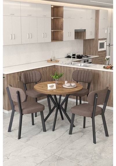 Gnr 90cm Sabit Atlantik Mutfak Masası Takımı, Yemek Masası, 4 Modern Kahverengi Sandalye Kahverengi