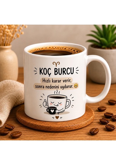 Burç Temalı Kahve Kupası Burçlara Ve Kişiye Özel Tasarım Bej - Beyaz