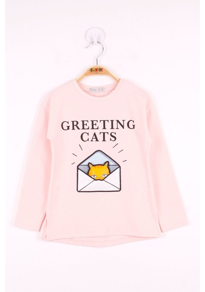 Toontoy Kids Toontoy Kız Çocuk Kedi Baskılı T-shirt Pudra