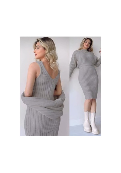 Flex Fashıon Triko Kumaş Elbise Kazak 2 Li Takım Gri - 900818575 Gri - 900818575 Gri