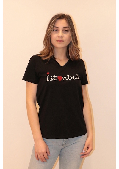 Rich Kadın V Yaka T-shirt %100 Pamuk Tişört SIYAH
