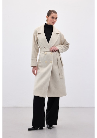 Sateen Beli Bağlamalı Uzun Kaban - Taş-136633 Taş
