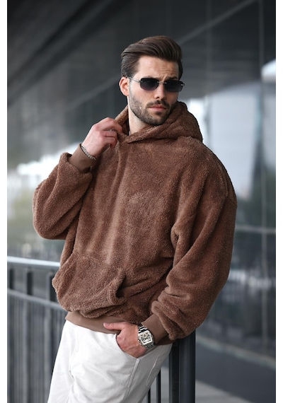 Madmext Kahverengi Peluş Kapüşonlu Erkek Sweatshirt 6050 Kahverengi