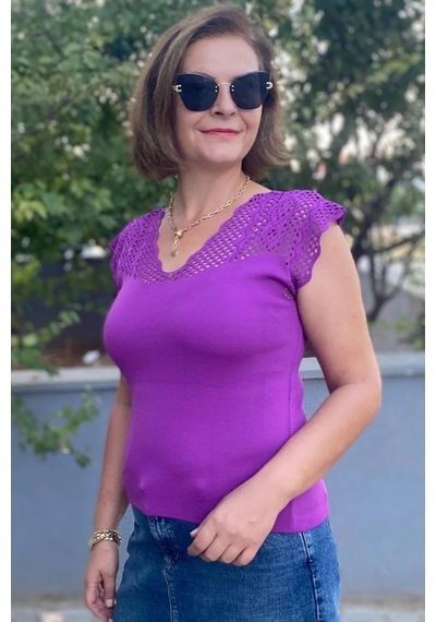Mia Butik Kadın Mor Sıfır Kol Ajurlu Triko Bluz Mor
