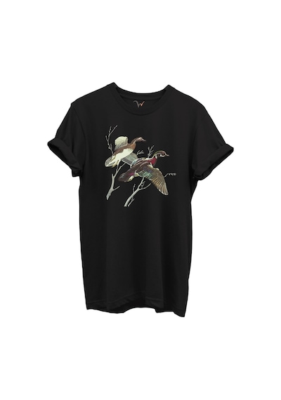 Uçan Yaban Ördekleri Çizim Baskılı %100 Pamuk Regular Fit Bisiklet Yaka Unisex T-shirt Siyah
