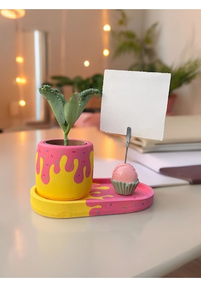 Donut Temalı Makaron Fotoğraf - Not Tutucu Hediyelik Set Pembe Sarı