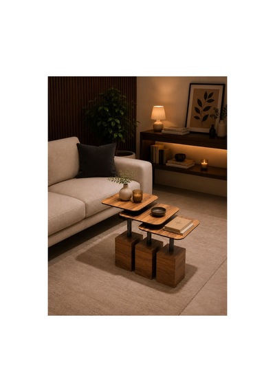 Modern Zigon Sehpa Trio Yan Sehpa Servis Sehpası Ceviz %100 Mdf Kahverengi Kahverengi