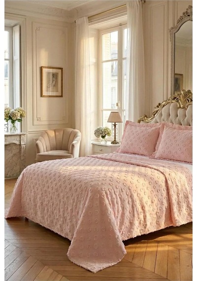 Krem Şönil İskandinav Yatak Örtüsü Takımı 250 X 260 Cm Valonlu Model 2 Adet 50 X 70 Yastık Kılıfı Pembe/pudra