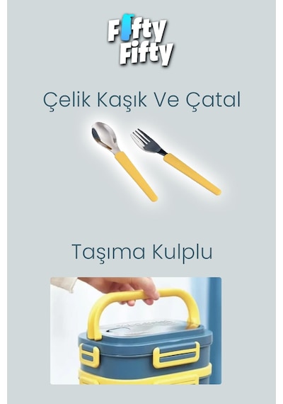 1650 Ml İki Kat Üç Bölme Paslanmaz Çelik Lunch Box Yeni Nesil Sefer Tası - Kaşık Ve Çatallı -6715 Lacivert