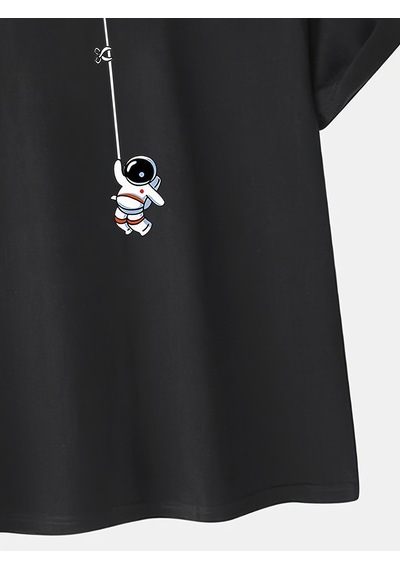 Unisex Mini Astranot Tasarım Basklı Tshirt Siyah
