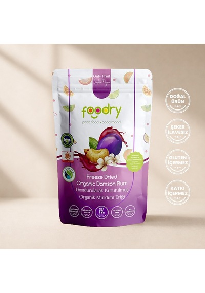 Foodry Dondurularak Kurutulmuş Organik Mürdüm Eriği Freeze Dry Damson Plum Katkısız Çıtır Meyve 17 G