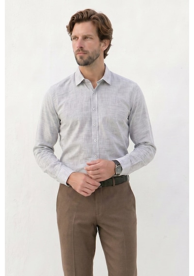 Tudors Erkek Regular Fit Klasik Kesim Oversize %100 Pamuk Keten Doku Gri Gömlek-42669