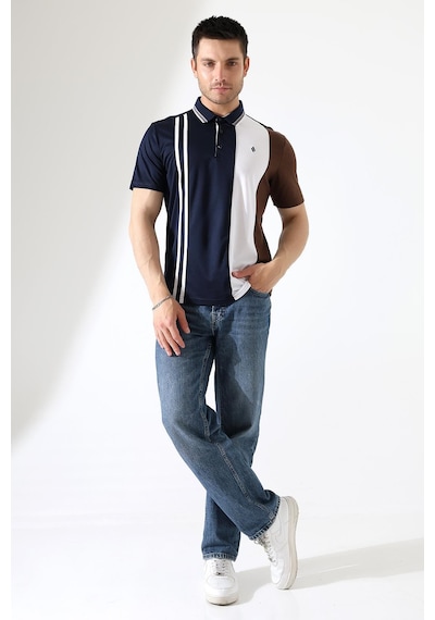 Rıbana Classıc Erkek Çizgili Şerit Detaylı Pamuklu Polo Yaka T-shirt Lacivert