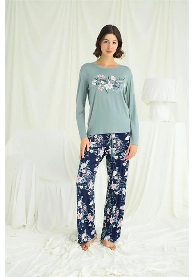 Ang Butik Kadın Çiçek Ve Yaprak Desenli Baskılı Pijama Takımı Yeşil