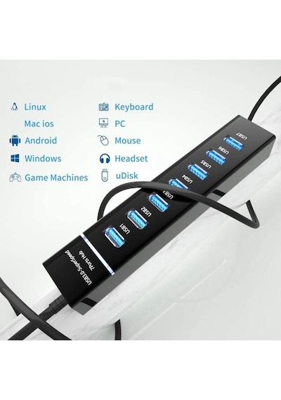 Primex Px-3017 Usb Hub, 7 Port Usb 3.0 Çoklayıcı, Usb Çoklayıcı Siyah, 7 Port Usb Hub