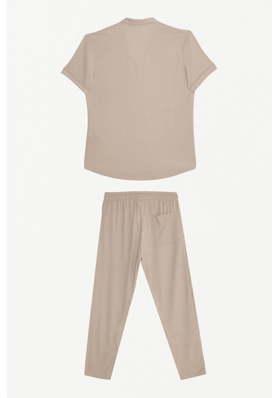 Tudors Erkek Standart Fit Kısa Kollu Beli Bağcıklı Apaş Yaka Taş Gömlek Jogger Takım-38240 Taş