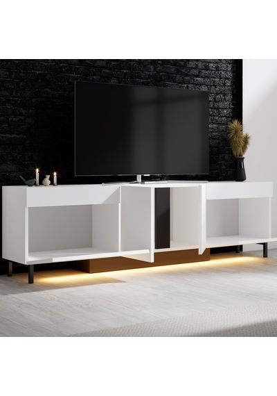 Paris Siyah Demir Ayaklı Rgb Led Işık Sistemli Beyaz Tv Ünitesi Tv Sehpası Beyaz - Siyah