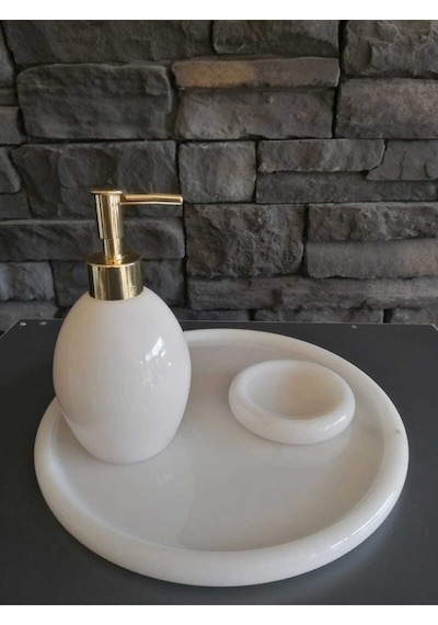 Beyaz Mermer Oval 3'lü Banyo Seti Beyaz