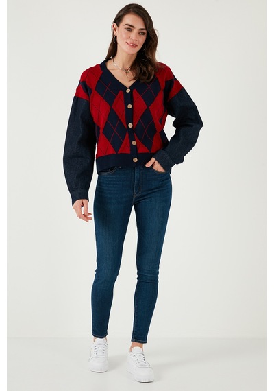 Lela Desenli Regular Fit Düğmeli V Yaka Crop Bayan Hırka 4615553 Lacivert-Kırmızı