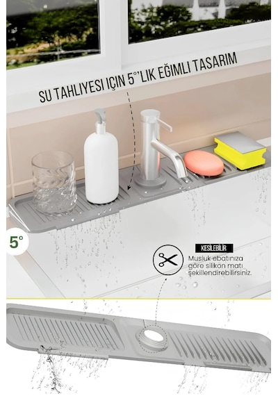 Elastik Musluk Matı Su Tutucu Düzenleyici Kaydırmaz Taban Organizer Mutfak Banyo Lavabo Gri