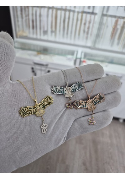 925 Ayar Papatya Silver 3'lü Yılan Figürlü Baykuş Kolye Set.tabiat Kolye.rose.gold.rodaj Gümüş