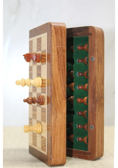 3 Adet Satranç Takımı Ahşap Katlanabilir Kutulu Vernikli Mıknatıslı Taşlı 30 Cm Chess Set