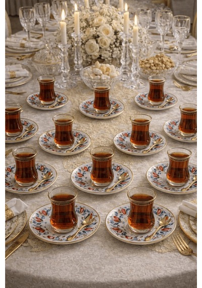 12 Li Yaldızlı Lale Motif Porselen Çay Tabağı Desenli Çay Tabak Çok Renkli