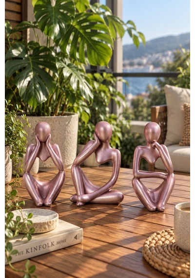 Ev & Ofis Dekoru Rose Gold 3 Lü İnsan Figürü Seti El Yapımı Minimalist Heykel Takımı