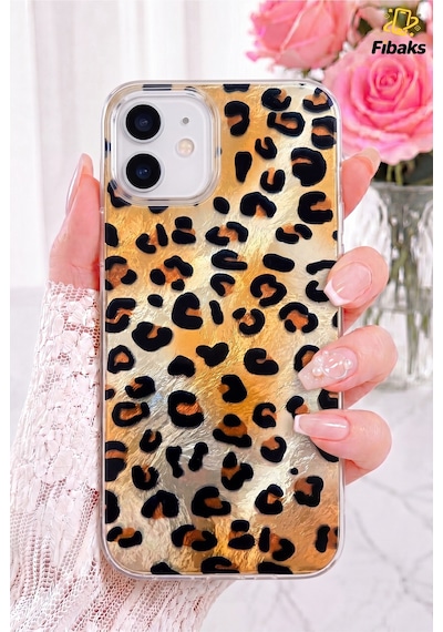 Fibaks iPhone 11 Uyumlu Kılıf Hologramlı Kahverengi Leopar Desenli Darbe Emici Kamera Korumalı Silikon