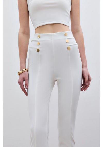 Sateen Düğme Detaylı Pantolon - Ekru-133796 Ekru
