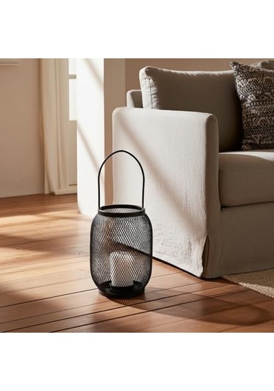 Deconox Ferforje Siyah Metal Fener Mumluk - 32 Cm Kulplu Büyük Boy - Dekoratif Masa Ve Bahçe Aydınlatma Kafesi 15x20 Cm 21x10 Cm