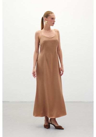 Sateen Askılı Uzun Saten Elbise - Camel-136330 Camel