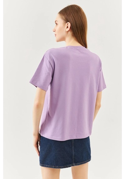 Kadın Oversize Rahat %100 Pamuklu Penye Bisiklet Yaka Kısa Kol Basic T-shirt Lila