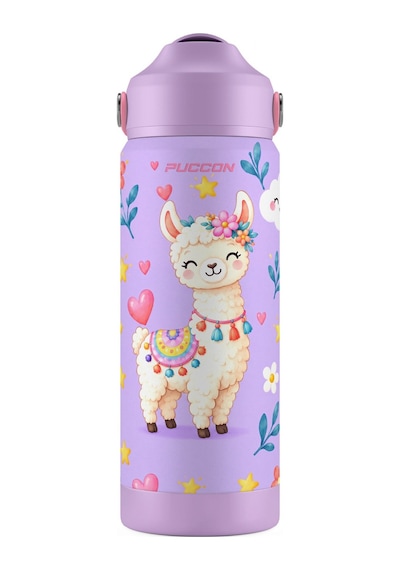 Puccon 540 Ml Sevimli Lama Baskılı Lila - Beyaz Kız Çocuk Pipetli Çelik Termos Matara/suluk - 60047