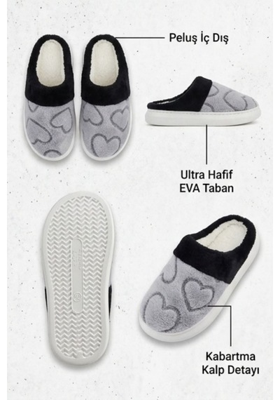 Unisex Ultra Hafif Yumuşak Peluş Kaymaz Taban Anne Çocuk Misafir Gri Kalp Desenli Ev Terliği 5808 Unisex Ultra Hafif Yumuşak Peluş Kaymaz Taban Anne Çocuk Misafir Gri Kalp Desenli Ev Terliği 5808