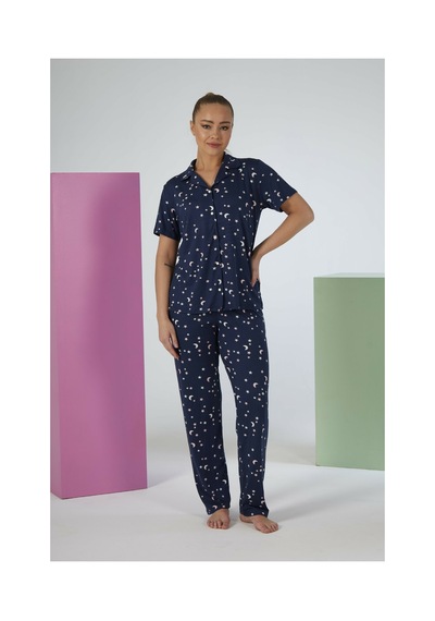 Estiva Kadın Gece Desenli Lacivert Kısa Kollu Önden Düğmeli Soft Pijama Takımı Çok renkli