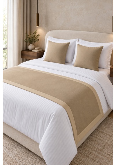 Varol 70x250 Yatak Şalı Runner Ve 2 Adet 45x45 Kırlent Seti Otel Konsept Lüx Dekoratif Set Bej