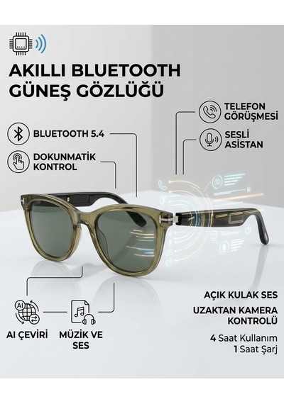 Esrada Akıllı Bluetooth Gözlük Sesli Çeviri Özellikli Mikrofonlu Polarize Güneş Gözlüğü Es254 C04 53