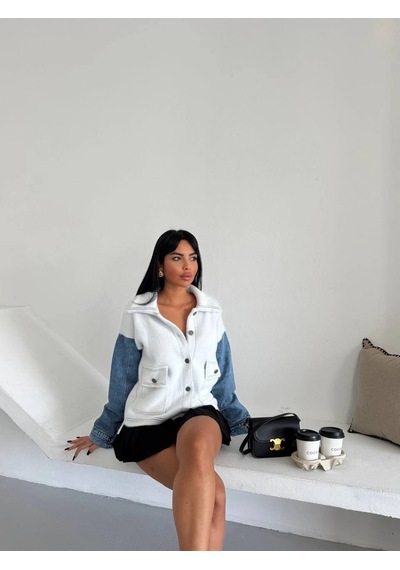 Konus Femme Denim Kol Detaylı Kontrast Ceket Güçlü Stil, Net Duruş-beyaz - Beyaz