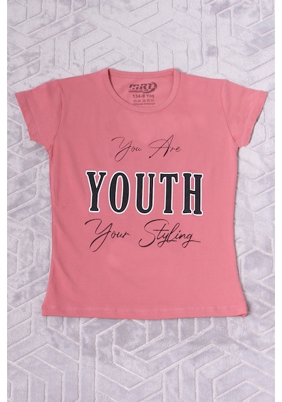 Hçm Kız Çocuk Tshirt Youth Baskılı Bisiklet Yaka C39 Pudra