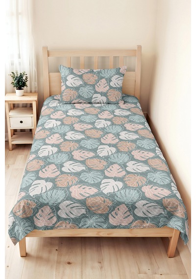 Tropikal Yaprak Yeşil Genç Odası Tek Kişilik Pike Takımı - Modern Pudra 160x220 Cm Yatak Örtüsü Gölge Avlu Tonu