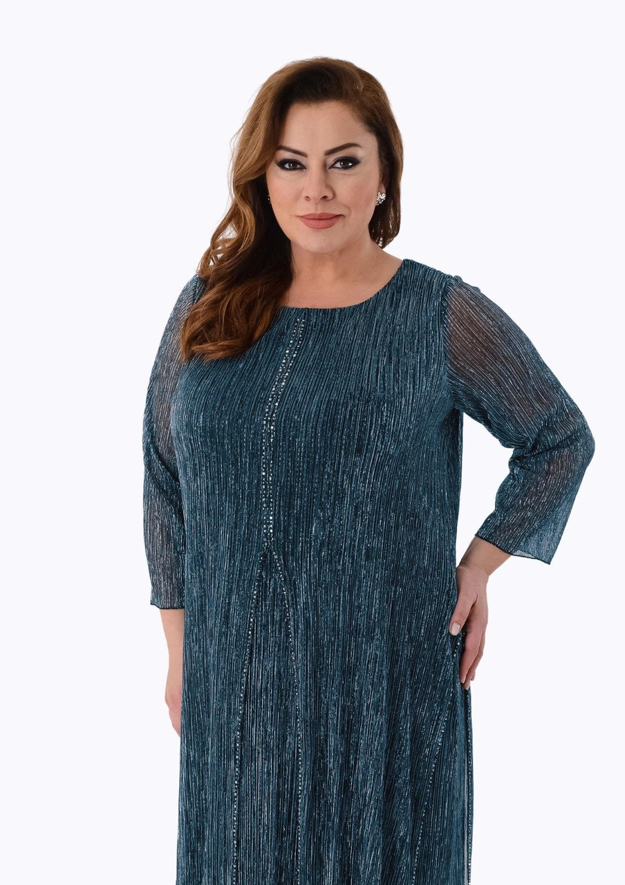 Lilas Xxl Büyük Beden Turkuaz Renkli Likralı Simli Kısa Abiye Elbise Turkuaz