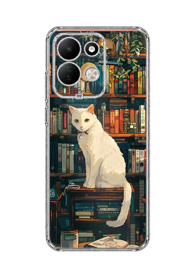 Redmi 17 4g/5g Uyumlu Kitaplık Beyaz Kedi Tasarımlı Baskılı Silikon Kılıf