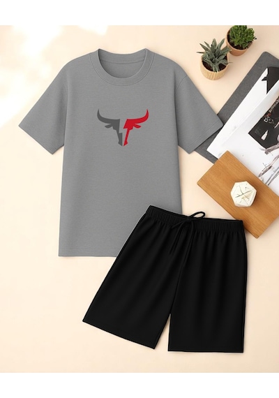 Uyguntarz Unisex Boğa Baskılı Tasarım Şort Takım Gri