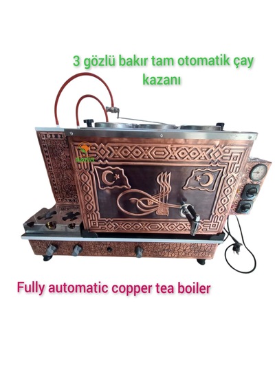 3 Gözlü Bakır Otomatik Çay Kazanı Gaz Emniyet Kilitli Doğalgazlı