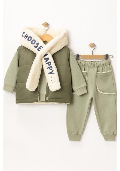 Bebek 3 Lü Kışlık Eşofman Takımı Polar Şallı, Şardonlu Yelekli, Sweatshirt Ve Alt 10697y Yeşil